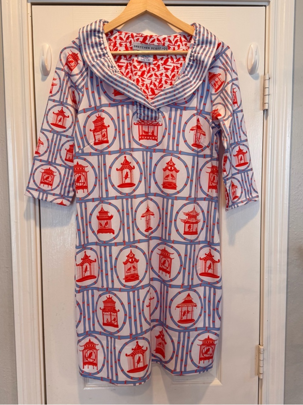 Gretchen Scott Odessa Jersey Dress Size Large Ruff Out Neck Chinoiserie Oriental